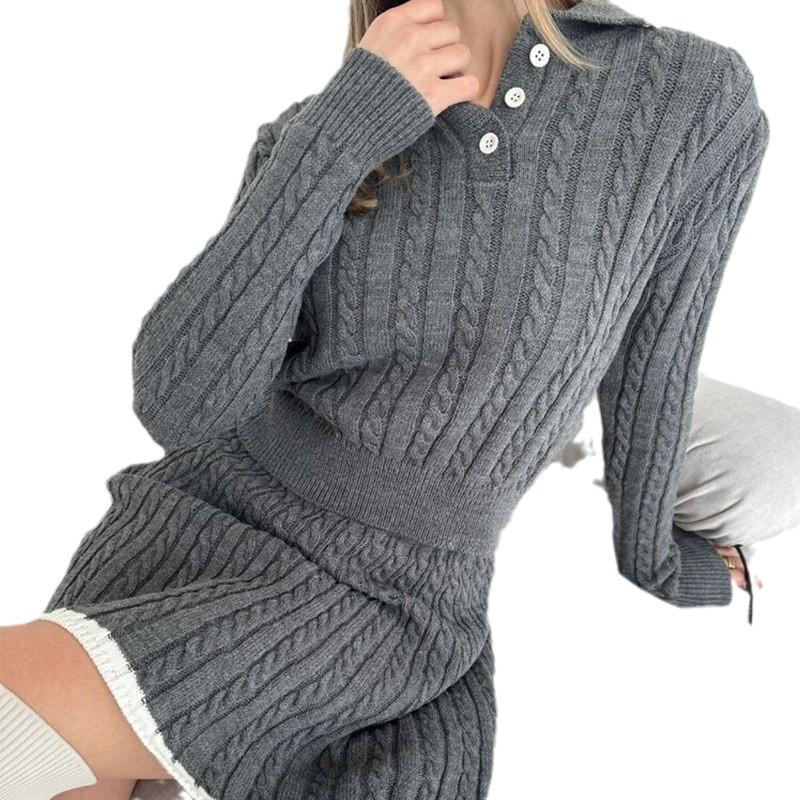 European & American Casual Long Sleeve Knit Sweater and Short Skirt Two-Piece Set for Women