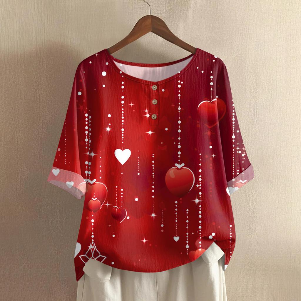 Damska koszulka z nadrukiem na Walentynki, casualowa, z krótkim rękawem, okrągłym dekoltem, z bawełny i lnu