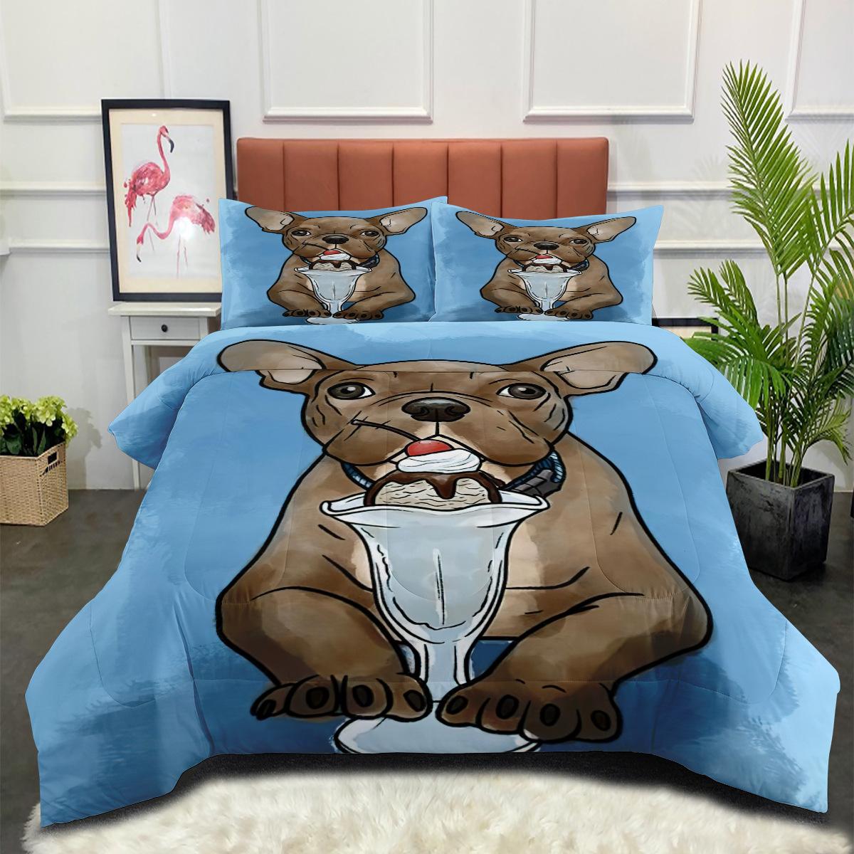 Cute Bulldog Music-themed Quilted Comforter with Down Alternative Fill 140*200cm