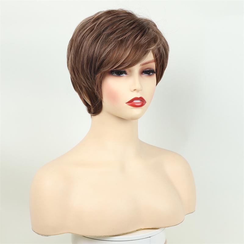 Synthetische Natürliche Pixie Cut Perücken für Frauen Weiches Haar Kurze Braune Perücke mit Pony Hitzebeständig Täglich Lässig Mami Perücke