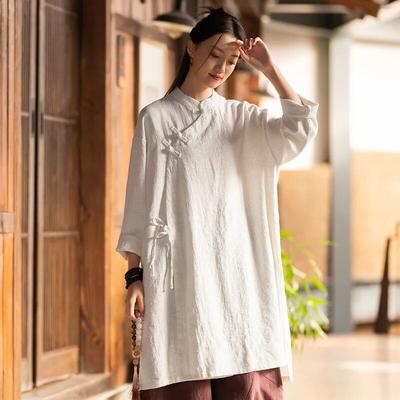 Camisas largas de estilo chino para mujer, blusas de manga media con botones y color liso, estilo vintage para primavera