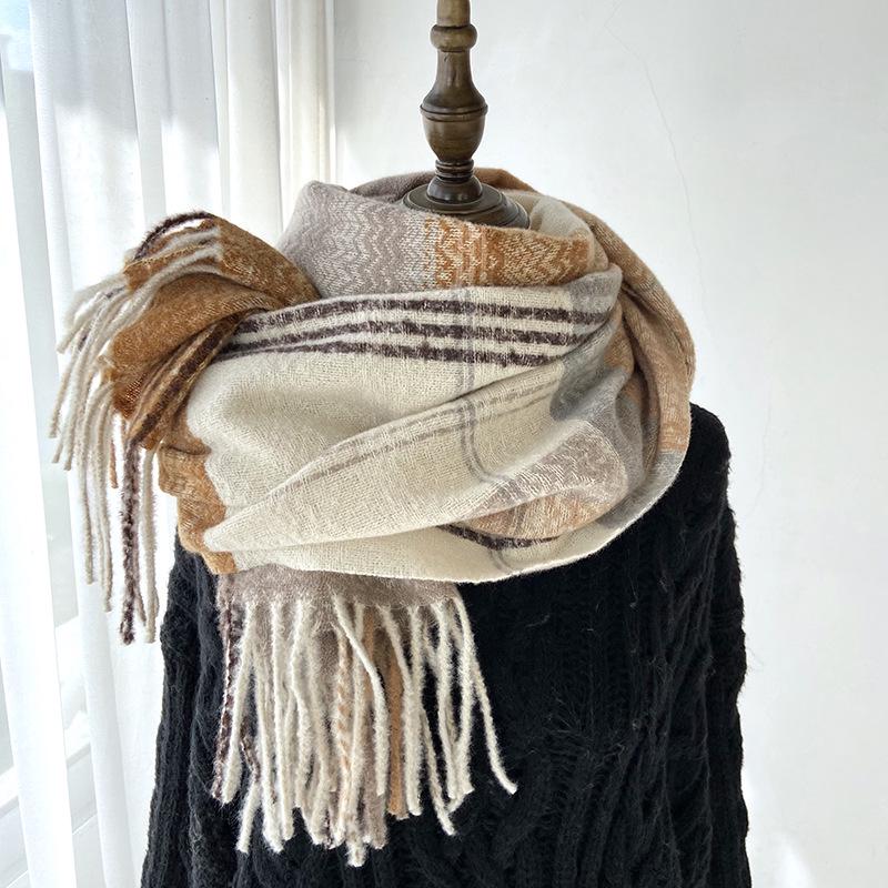 Women's High-End Plaid Tassel Shawl - Imitation Cashmere, Thickened & Warm for Autumn/Winter