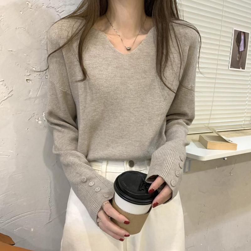 

Женский осенне-зимний пуловер с длинным рукавом, V-образным вырезом, облегающего кроя, базовый однотонный, трикотажная футболка-топ для многослойности one size