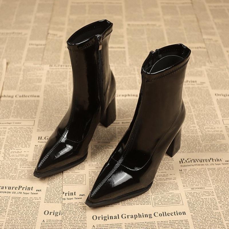 Women's Pointed Thick Heel Short Boots Women's Autumn High Heels Ankle Boots Women's Fashion Retro Temperament Boots Botas Mujer
