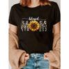 Women Blessed Sunflower Leopard Print T-Shirt Black Crew Neck Short Sleeve A-Line Hem Lightweight Faith-Inspired Gym Casual All-Season Top