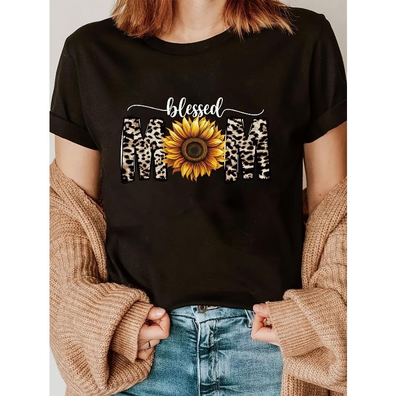

Women Blessed Sunflower Leopard Print T-Shirt Black Crew Neck Short Sleeve A-Line Hem Lightweight Faith-Inspired Gym Casual All-Season Top 4XL чорний