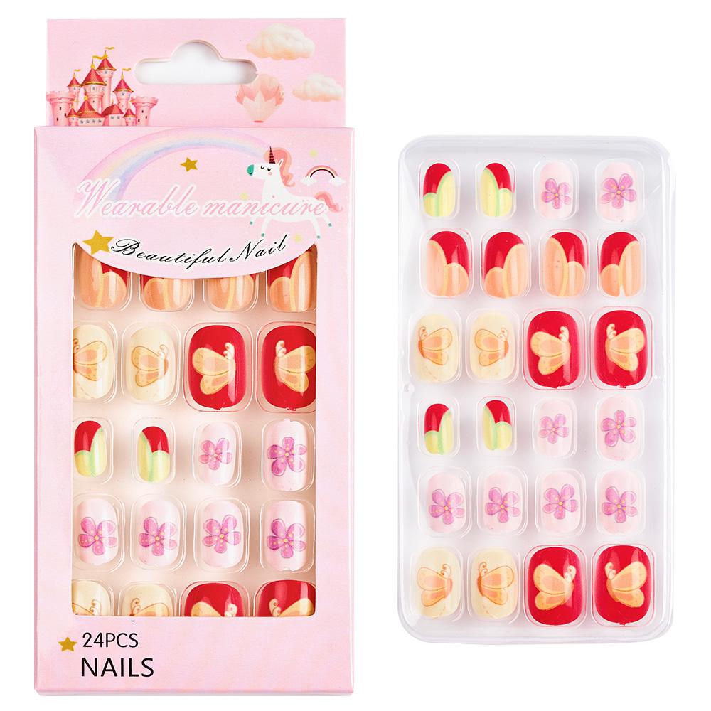 24pcs/box Candy Kids False Nail Cartoon Full Cover Press On Fake Nails Tips Kawaii Acrylic Artificial Fingernails for Girls
