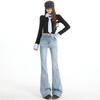 Light blue denim micro-pull pants women's spring new design pleated high-waisted floor-mopping flared pants