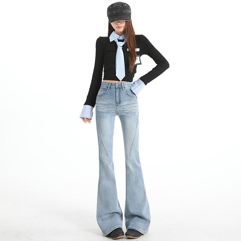 Light blue denim micro-pull pants women's spring new design pleated high-waisted floor-mopping flared pants