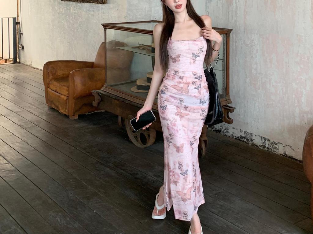 Butterfly Print Spaghetti Strap Waist-Hugging Backless Bodycon Dress for Women - Long, Summer Style