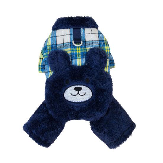 jijijing Fuzzy Bear Dog Jumpsuit, Cute Plaid Outfit, Warm 4-Legged Apparel, Plush Lined Cozy Onesie Clothes for Small Autumn Winter