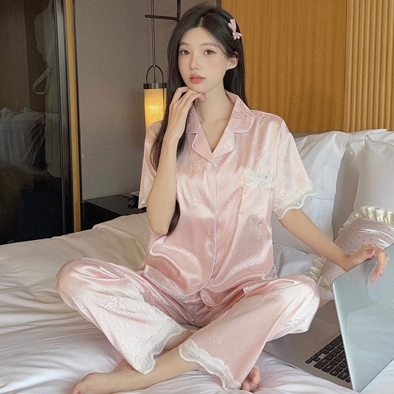 Sweet Butterfly Satin Ice Silk Jacquard Pajamas Women'S Lace Summer Short-Sleeved Comfortable Loungewear Set