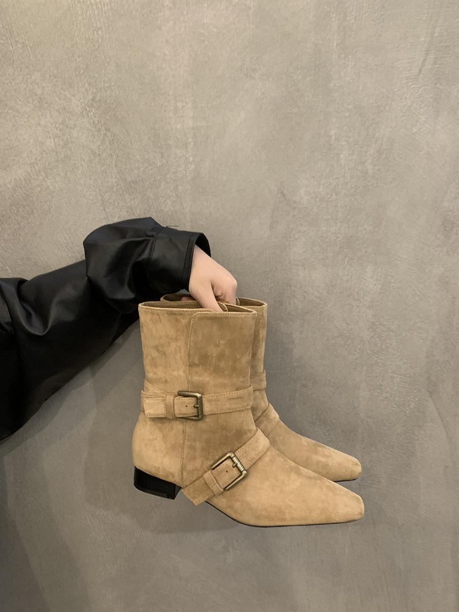 

Замшевые ковбойские сапоги в стиле ретро на низком каблуке, женские ботинки Martin, новые весенние и осенние одинарные ботинки 2024 года, корейские короткие сапоги 35 хаки