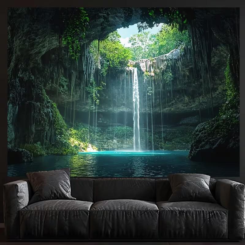 2D Magical Cave Waterfall Tapestry Tropical Cenote Lagoon with Hanging Vines Wall Art