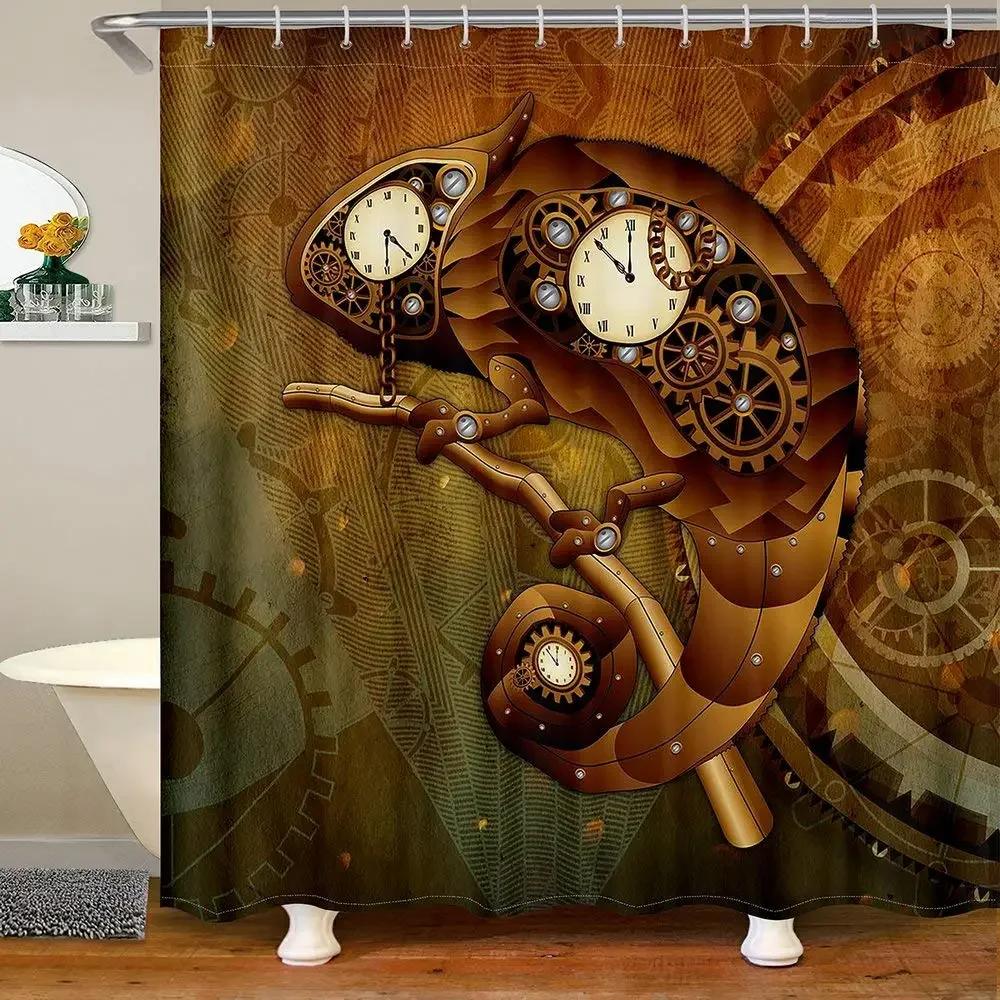 Retro Steampunk Clocks and Gears Shower Curtain Mechanical Clocks Details Over Old Metal Cloth Fabric Bathroom Curtain Set,hooks
