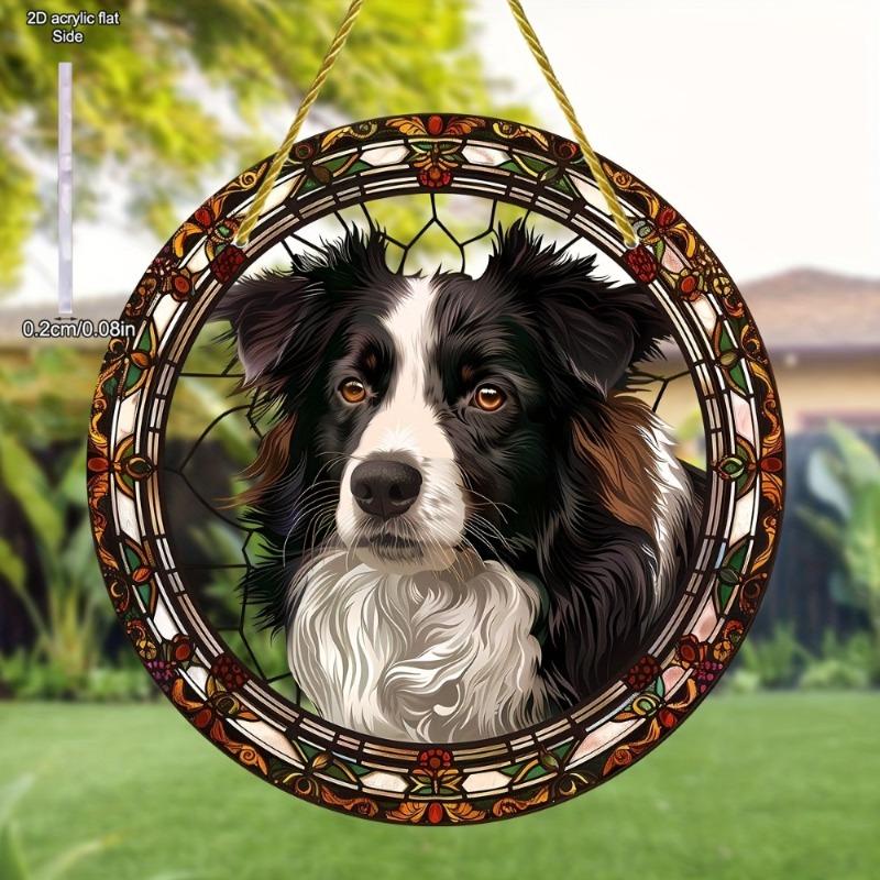2D Flat Acrylic Border Collie Stained Glass Style Sun Catcher,Round Acrylic Window Hanging Decoration, Animal Theme, Home Decor for Living Room Office