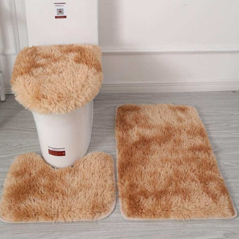 Non Dye Tie Slip Mat Fluffy Plush Bathroom Toilet Seat Cover Carpet 3 Piece Set