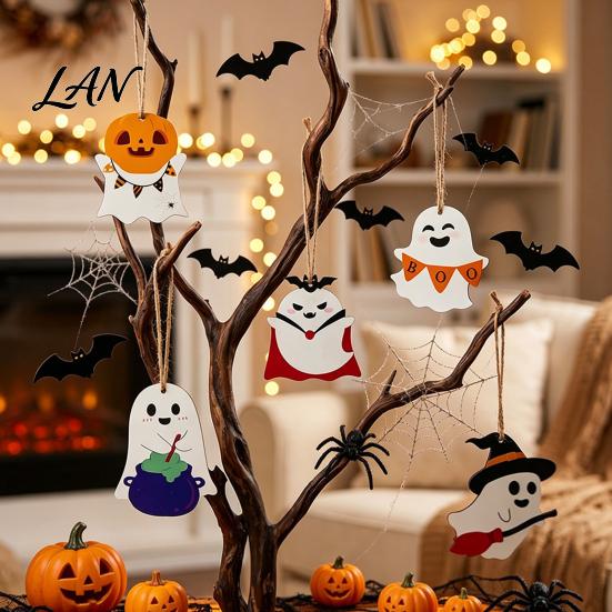 Halloween Tree Ornaments Ghost Wooden Hanging Sign with Hemp Rope, Cute Rustic Decorations Pendants for Home Party Wall Decorative Wood Signs