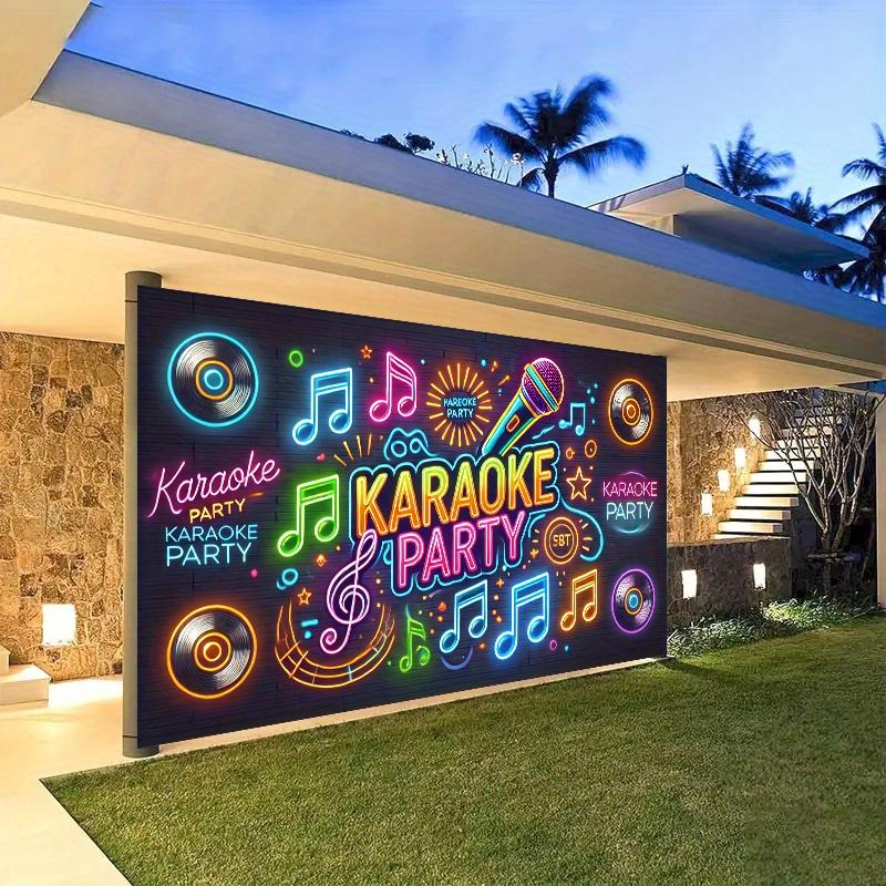 Uno sfondo vivace al neon per una festa karaoke - con microfoni, simboli musicali e le parole "Karaoke Party"