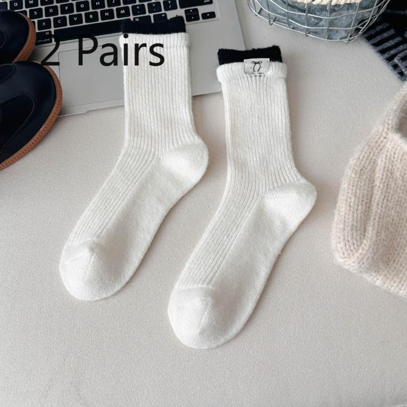2 Pairs of Wool Socks - Children's Autumn-winter Thick and Warm Color-matched Double-cuffed Fabric Logo Bow Knee-length Socks Trendy Wool Long Socks