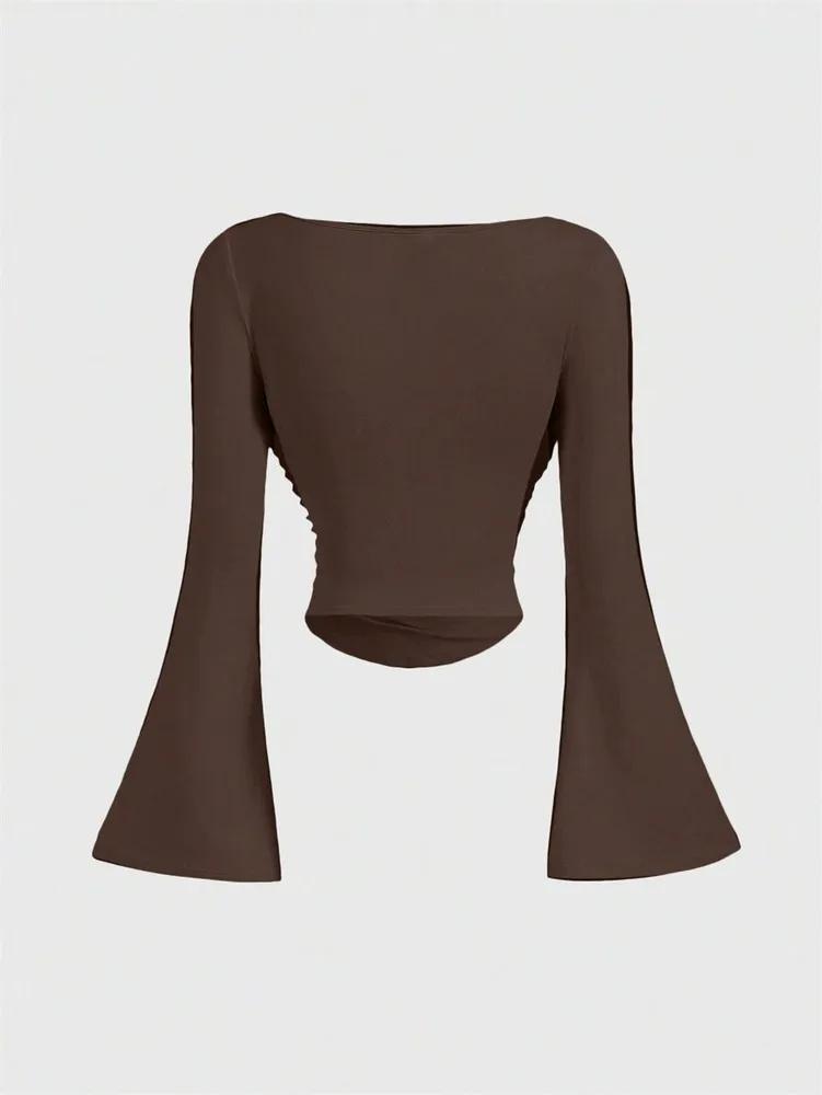 Crop Top Phumee  O-neck Pleated  Flared Sleeves A2314