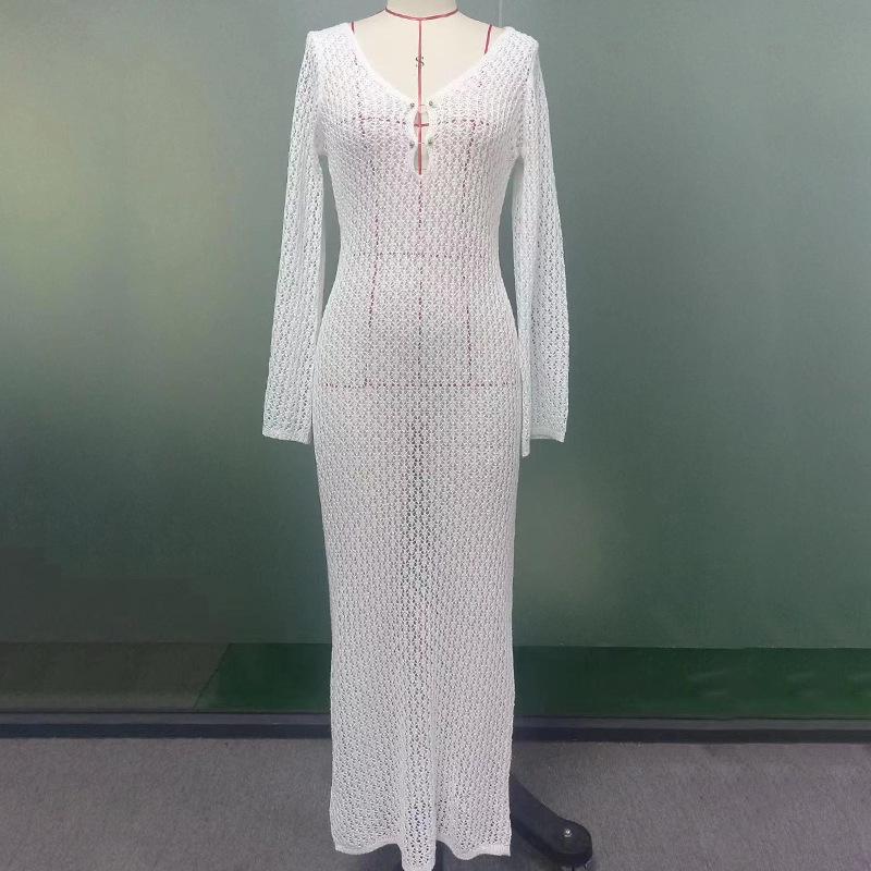 European & American Autumn/Winter Sexy Backless Knitted Long Dress Beach Cover-up