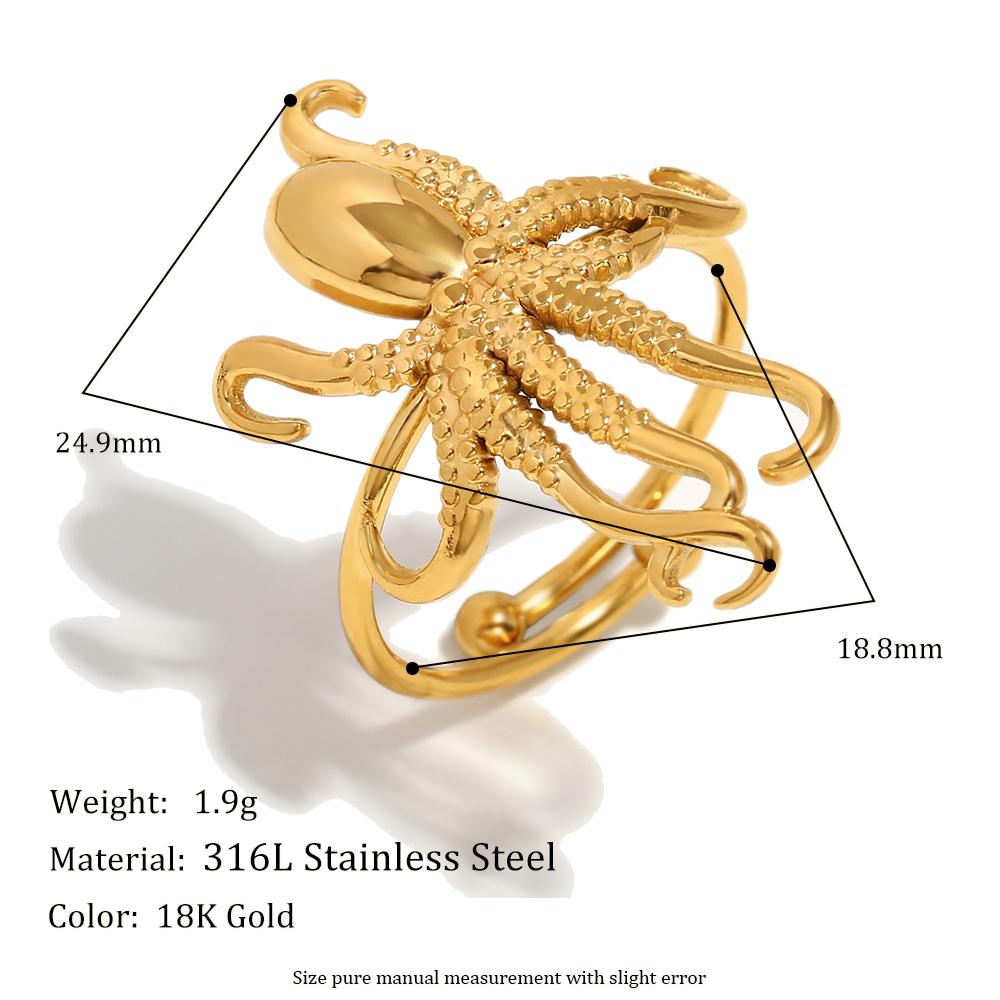 E.B.belle Personality Glossy Octopus Adjustable Ring For Women Men 18K Gold Plated Stainless Steel Chic Jewelry