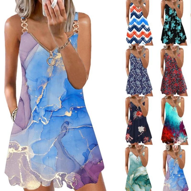 Fashionable Printed Zipper Loose Sleeveless Suspender Dress with A Stylish Look Casual Dresses