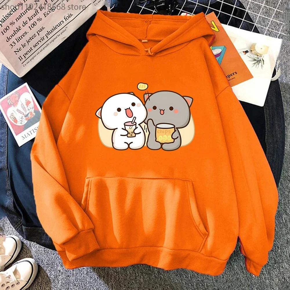 Mochi Peach Cat Hoodies Kawaii Clothing Bubble Tea Graphic Sweatshirts Harajuku Casual Camisetas De Muje Tops Women