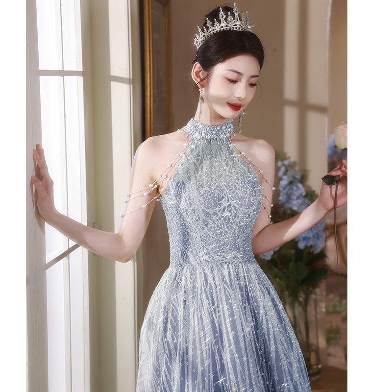 Pink Evening Dress High-end Light Luxury Niche French Student Art Exam Solo Performance Clothes Temperament Celebrity Sexy Neck