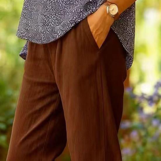 Women Pants Mid-rise Elastic Waist Solid Color Casual Trousers with Pockets Loose Fit Leisure