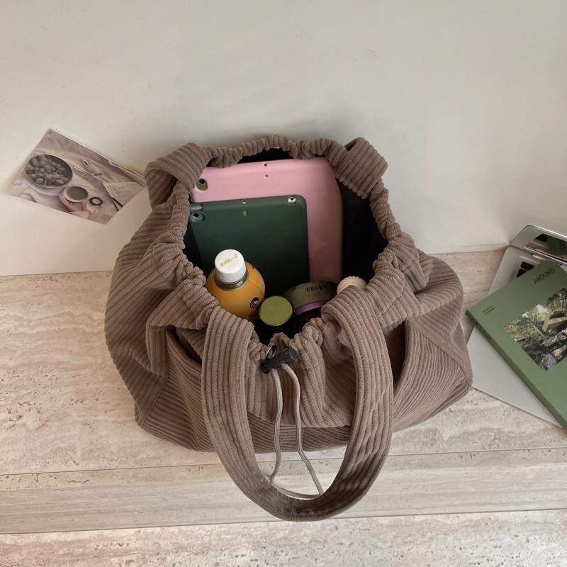 Solid Color Lightweight Corduroy Drawstring Tote Bag Large Capacity Shoulder Tote Bag