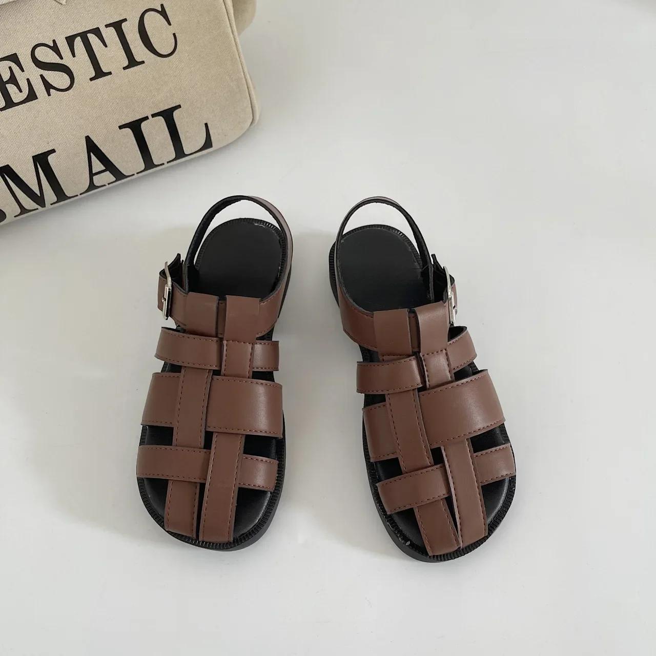 

Римские сандалии женские 2024 лето ретро плоская подошва баотоу повседневная обувь полые плетеные низкий каблук сандалии обувь для женщин 40 коричневый