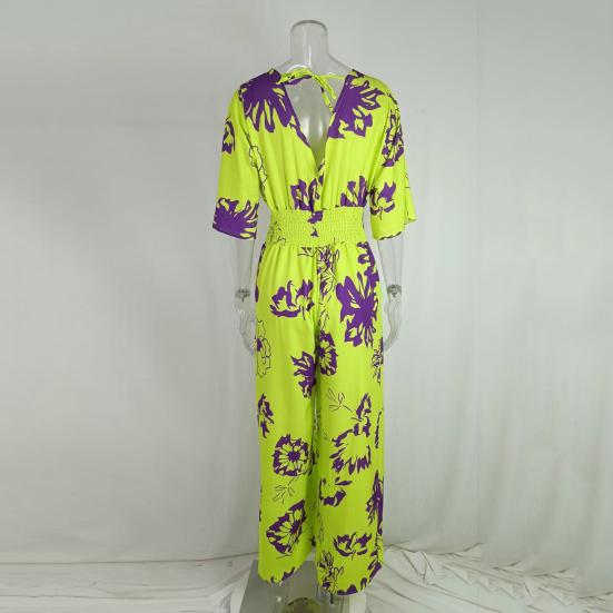 Tuta da donna con scollo a V, maniche a pipistrello a metà manica, schiena scoperta, vita alta, elastico in vita, stampa floreale, ampia, casual, tutina