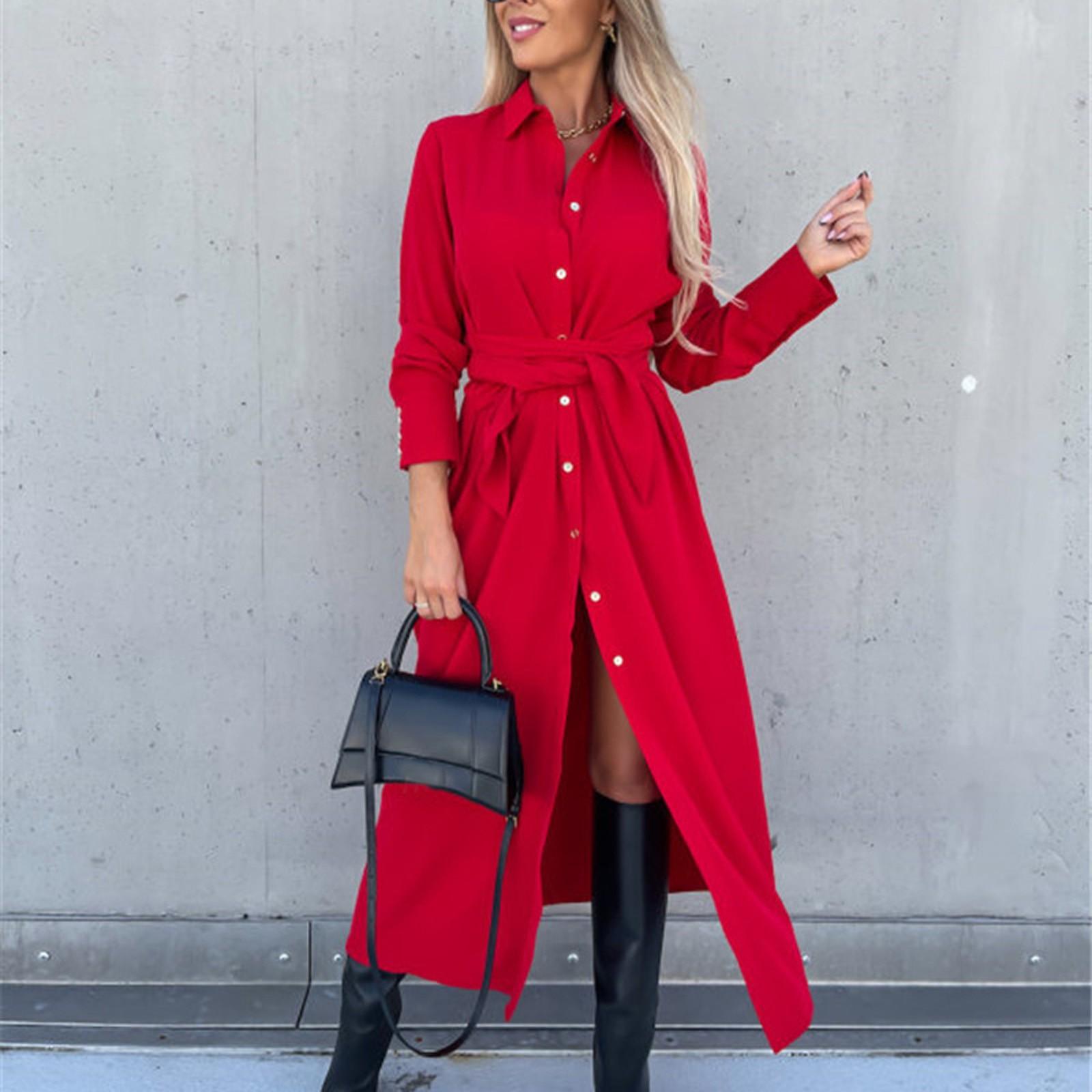 

Длинная юбка, однотонный кардиган, платье с длинными рукавами, рубашка с v-образным вырезом, тонкое платье для женщин XL красный