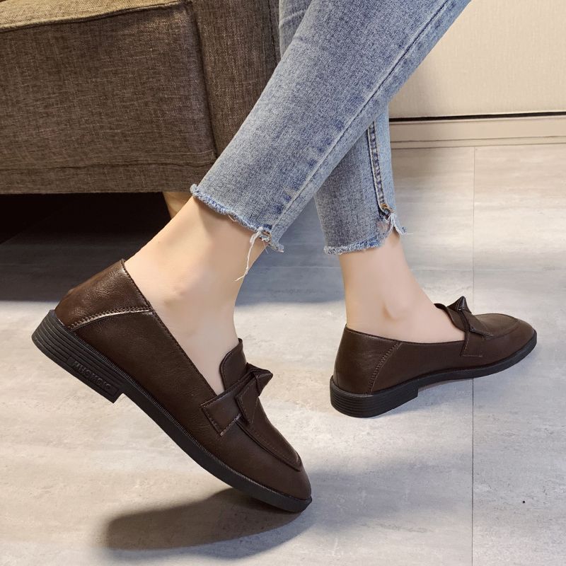 Einzelschuhe Damen Flache Schleife Retro Britischer Stil Kleine Lederschuhe Vielseitige Ein-Pedal-Loafer Aus Weichem Leder