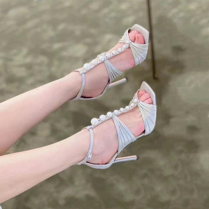 Fashion Star style Fashion Pleated Mary Janes Women Sandals Luxury Pearls Stiletto High heels Rome Sandals Summer Party Banquet Shoes