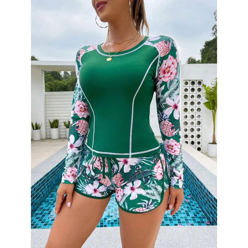 2026 New Women Long Sleeve Rash Guard, Printed UPF Sun Protection Swimsuit, Conservative Square Leg Dive Suit