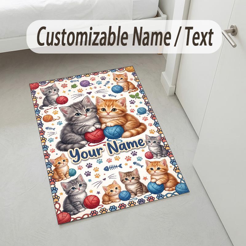 Cat Theme Crystal Velvet Rug Personalized Custom Name Text Soft Floor Mat Home Decor