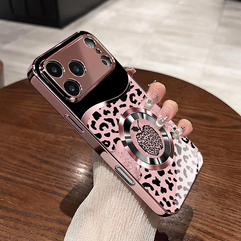 Sparkling Pink Leopard Metallic Tempered Glass Phone Case For iPhone 11 12 13 14 15 16 17 Pro Max 15 14 Plus 17 Air 17E Cover