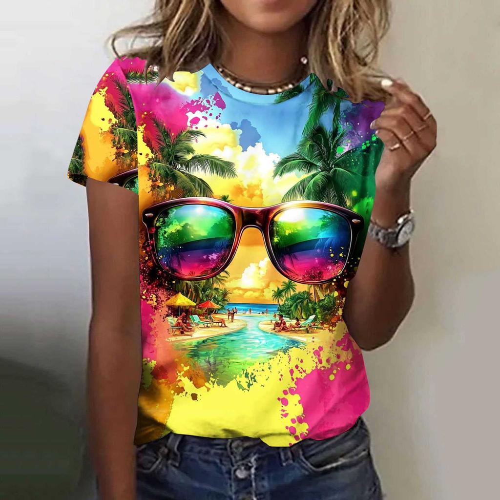Summer Fruit Coconut Tree Gradient 3D Print Beach T-Shirts Short Sleeve O-Neck Women's T-shirts