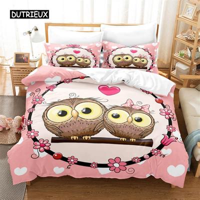 Kinder Cartoon Eule Bettbezug Queen Einzel Für Jungen Mädchen Kinderzimmer Niedlicher Vogel Bettdeckenbezug Mikrofaser Liebliches Tier Bettwäscheset