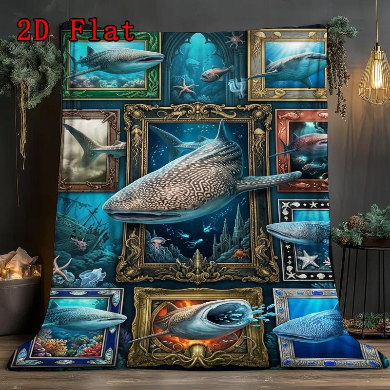 Whale Shark Collage 2D Flat Pattern Flannel Blanket, High Quality All Seasons, Home Decor, Warmth and Comfort, Perfect for Christmas Gifts.