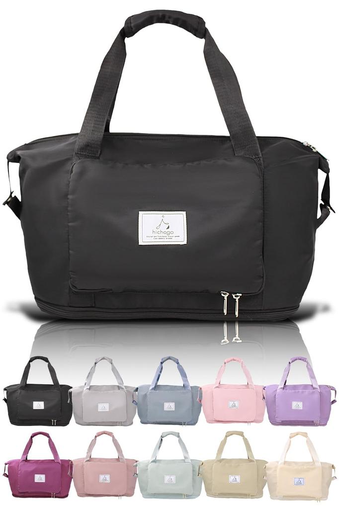 hichago Boston Bag Large Capacity Expandable Lightweight Travel School Trip Men Women Bag Sub Bag Silver Metal [Foldable] Carry-on (Black, Fittings)