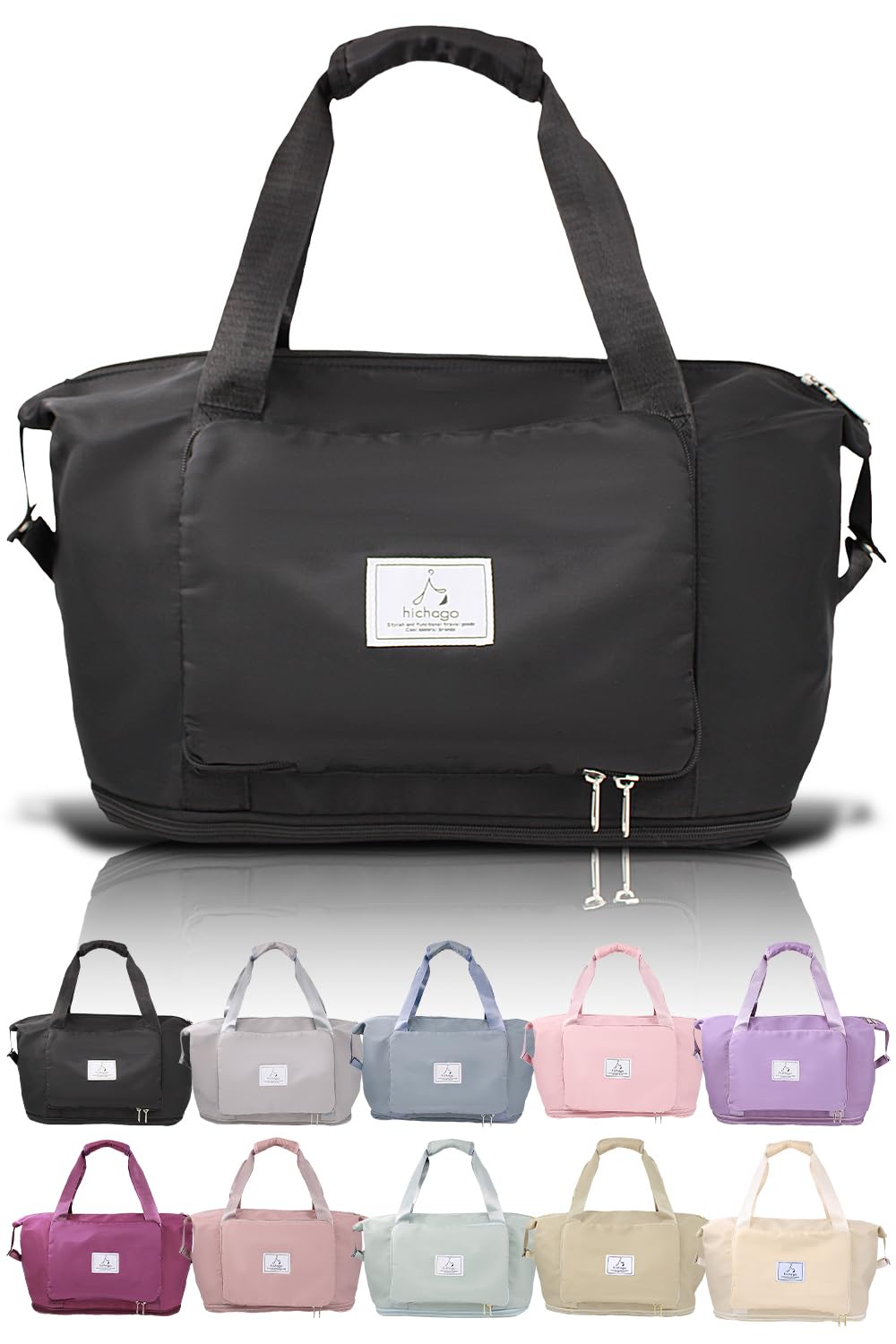 

hichago Boston Bag Large Capacity Expandable Lightweight Travel School Trip Men Women Bag Sub Bag Silver Metal [Foldable] Carry-on (Black, Fittings)