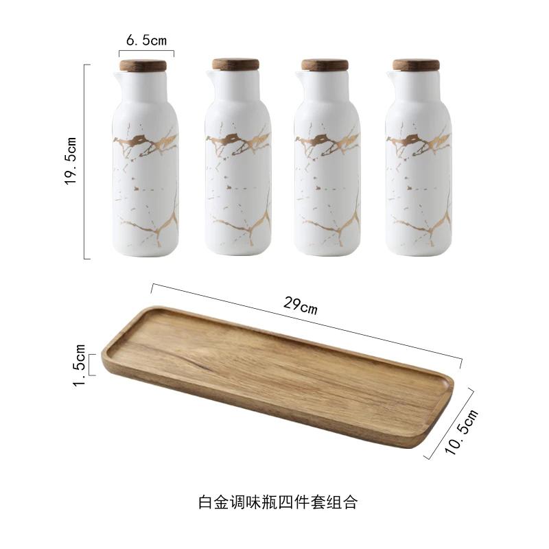 Matte Marble Pattern Ceramic Kitchen Spice Jar Oiler Set Wooden Cover Salt Shaker Spice Jar Kitchen Condiment Storage Rack Set