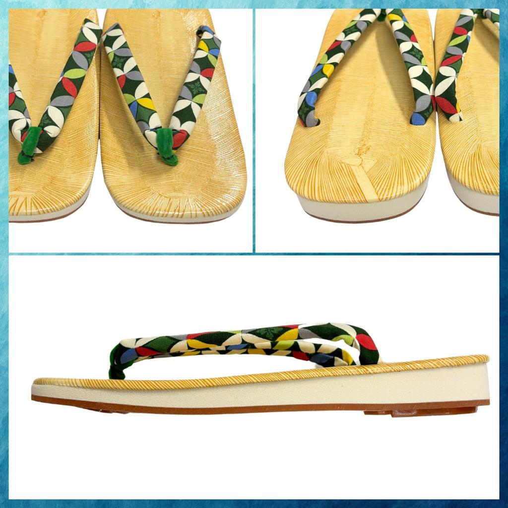 Sandales Geta Edoten, Fabriquées au Japon, Semelle Tatami Jaune, Bride à Motifs, Shippo Vert, Taille LL