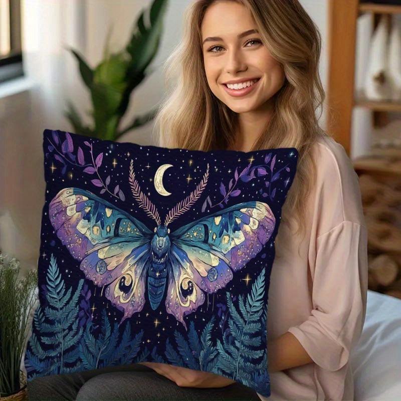 Bohemian Style Moth And Crescent Moon Pillowcase Soft Polyester Fabric Machine Washable Suitable For Sofa Living Room Office