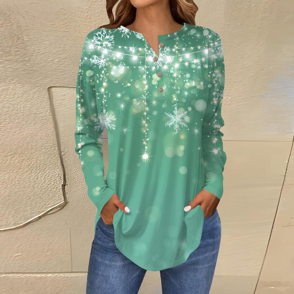 Women's Fashionable Loose-Fit Button-Down Collar Christmas Print Long-Sleeved Top