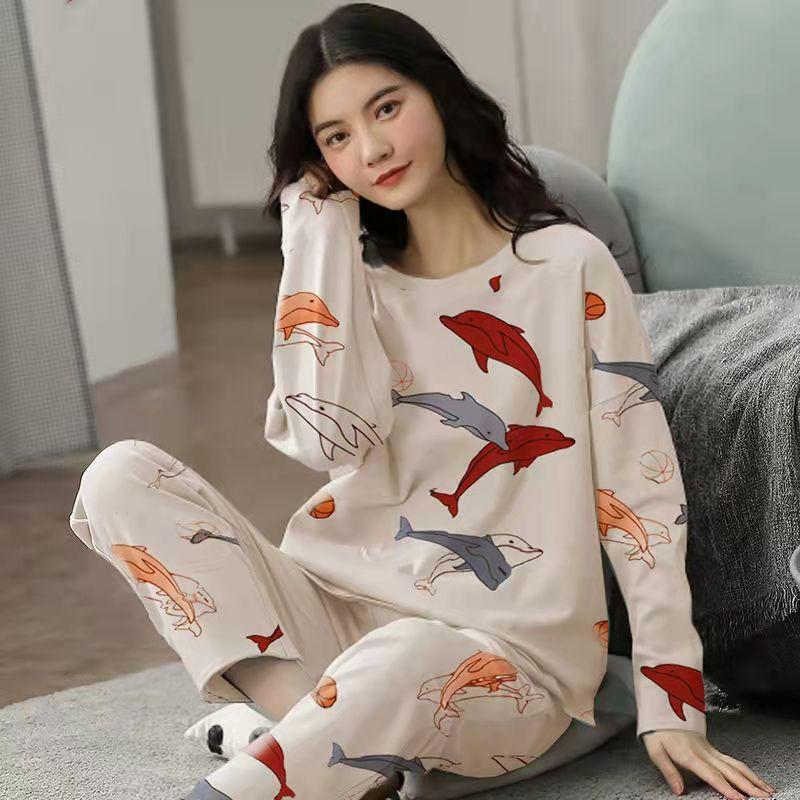 Women 2PCS Set Pajamas Girl Long Sleeve Tops Pants Printed Pyjama Femme Cute Home Ladies Sleepwear
